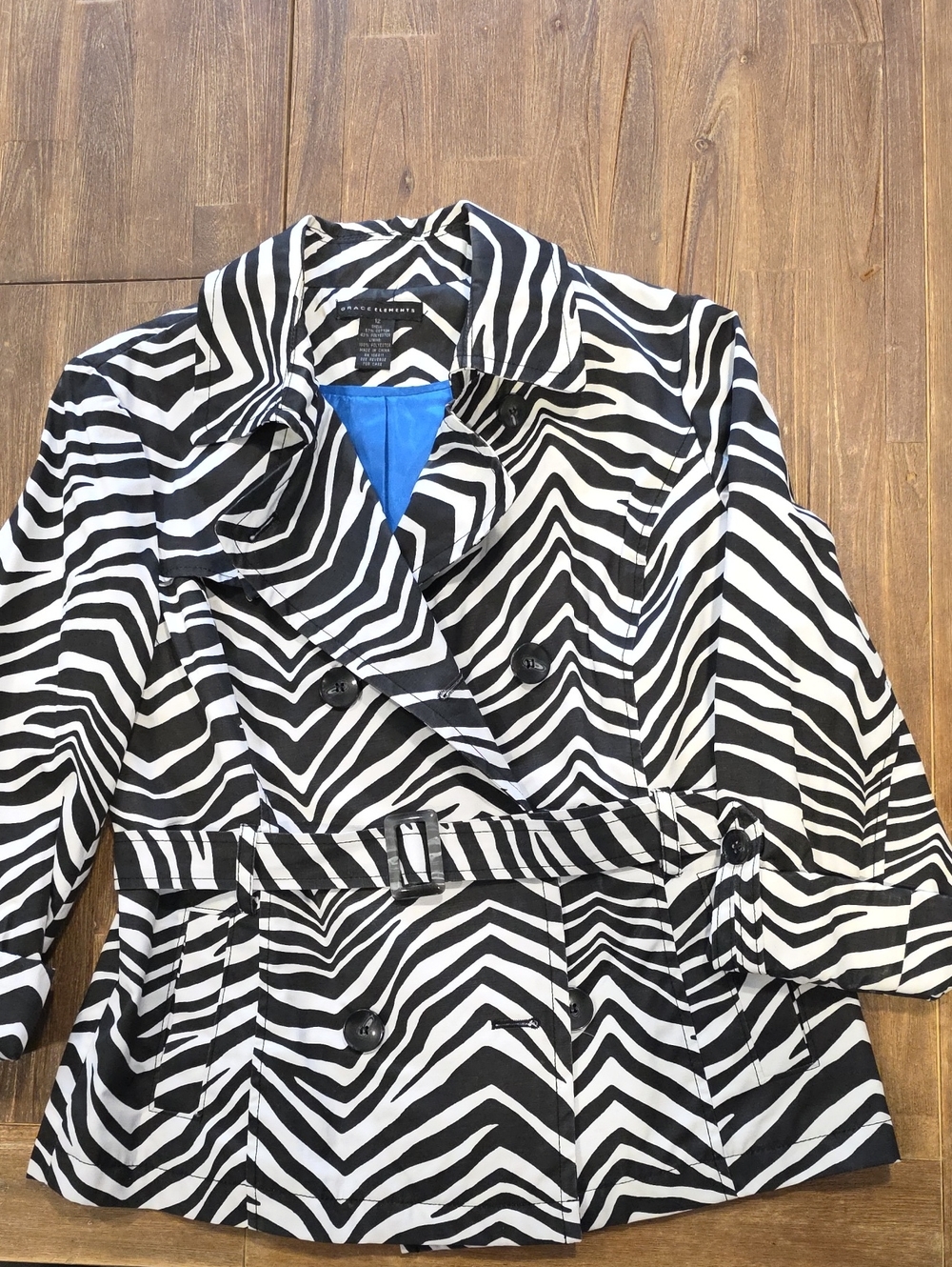 Grace Elements Black and White Zebra-Print Trench Jacket with Blue Lining